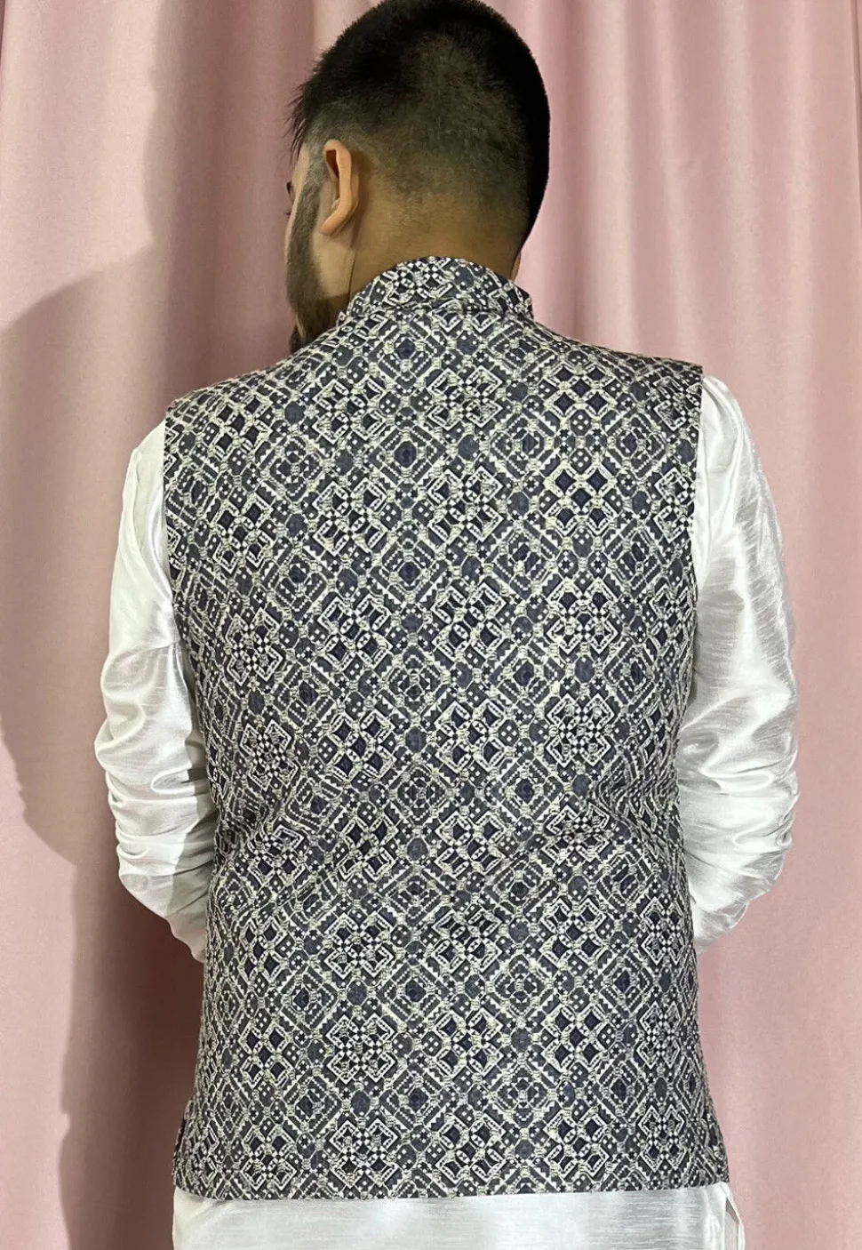 Digital Printed Rayon Nehru Jacket in Navy Blue