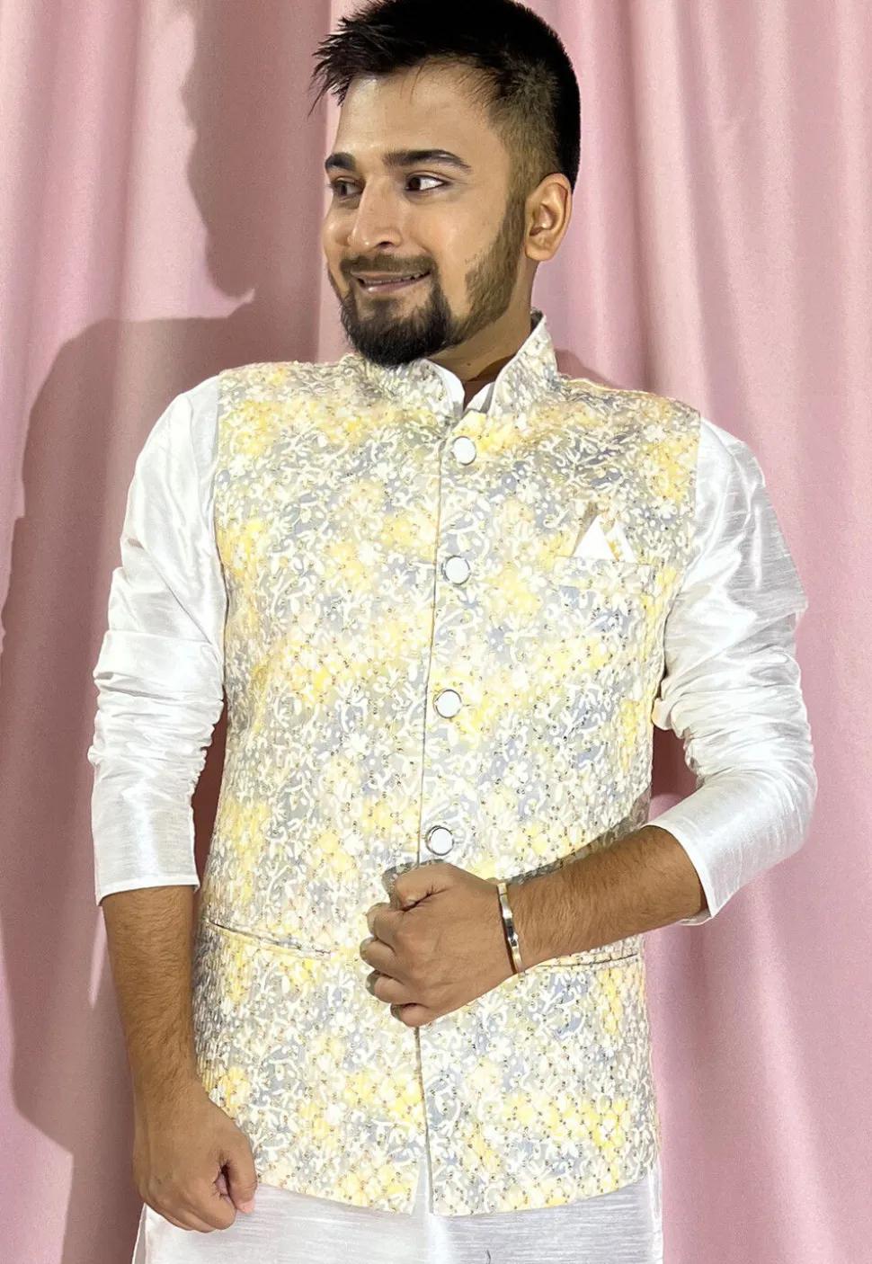 Digital Printed Rayon Nehru Jacket in Yellow and Grey