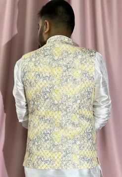 Digital Printed Rayon Nehru Jacket in Yellow and Grey