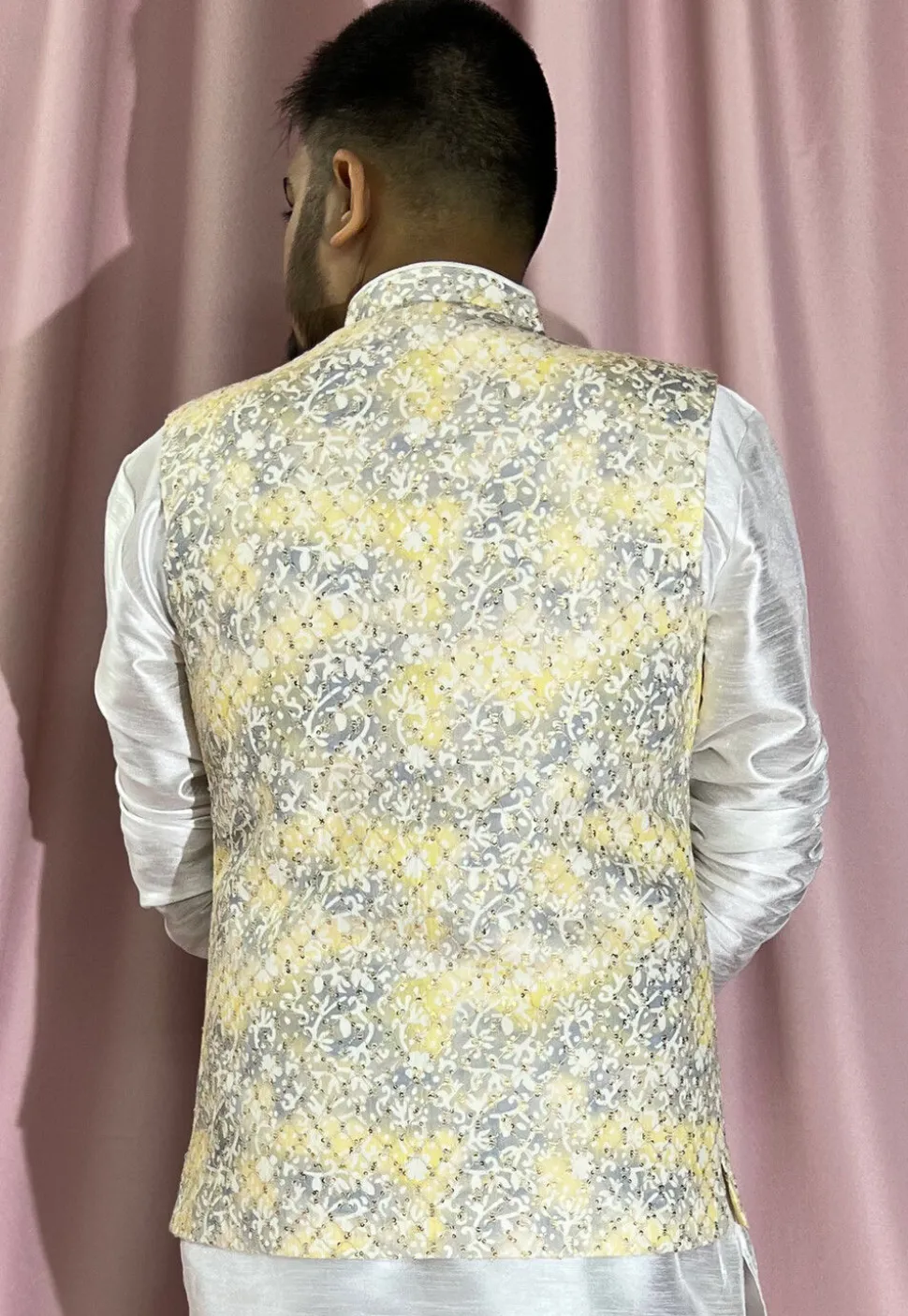 Digital Printed Rayon Nehru Jacket in Yellow and Grey