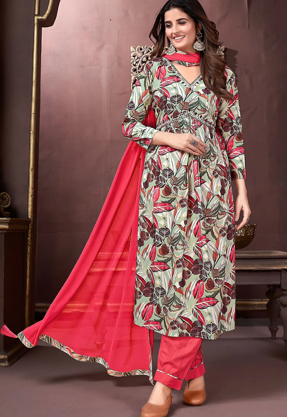 Digital Printed Rayon Punjabi Suit in Pastel Green