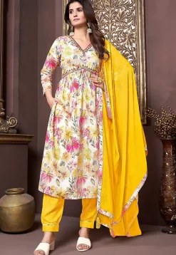 Digital Printed Rayon Punjabi Suit in Cream