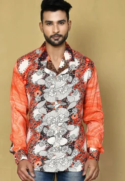 Digital Printed Rayon Shirt in Orange and White