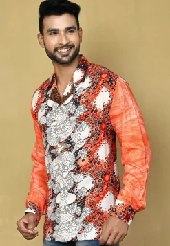 Digital Printed Rayon Shirt in Orange and White