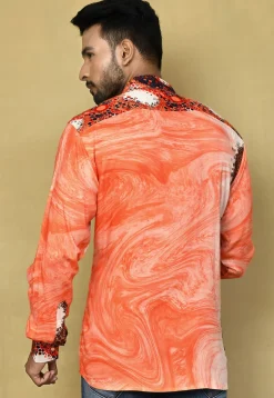 Digital Printed Rayon Shirt in Orange and White