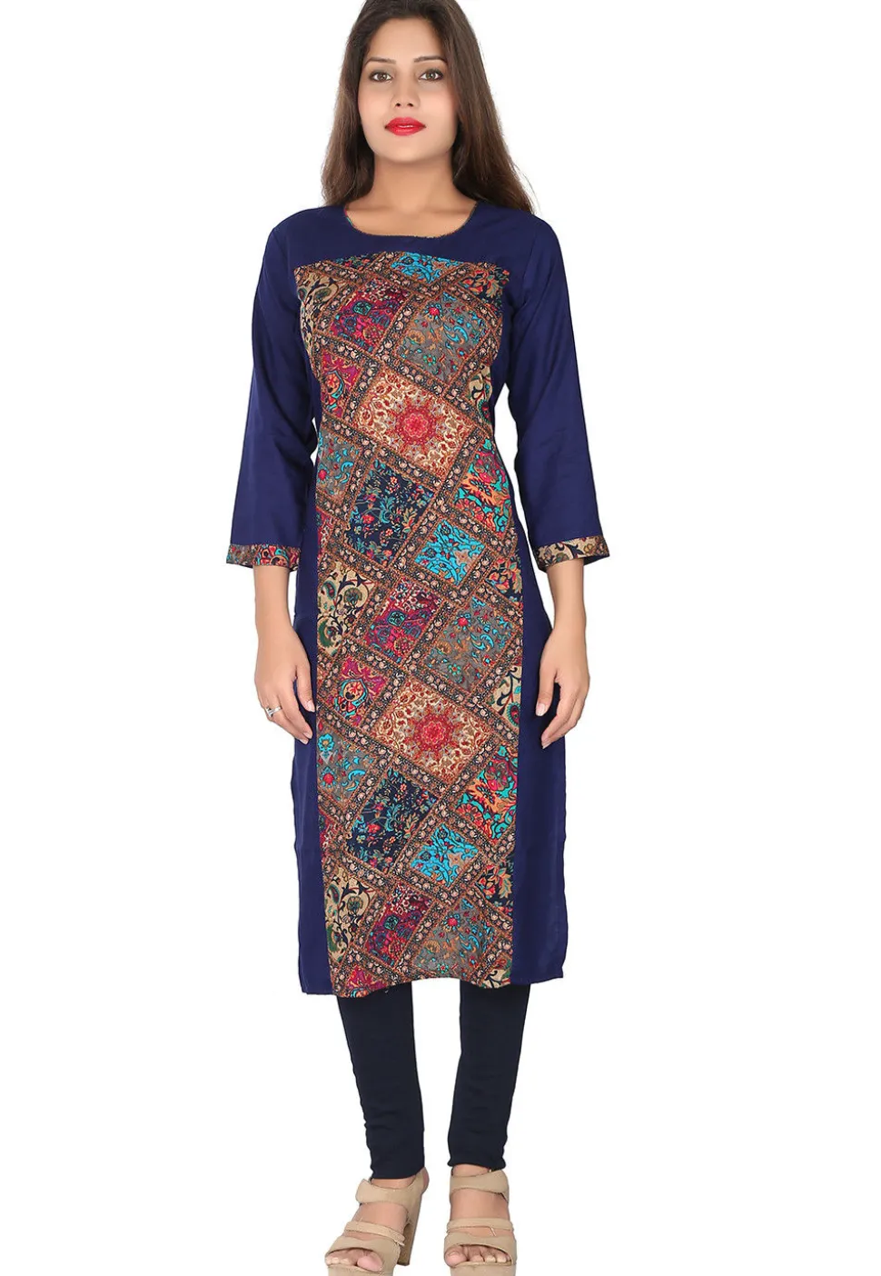 Digital Printed Rayon Straight Kurta in Blue and Multicolor