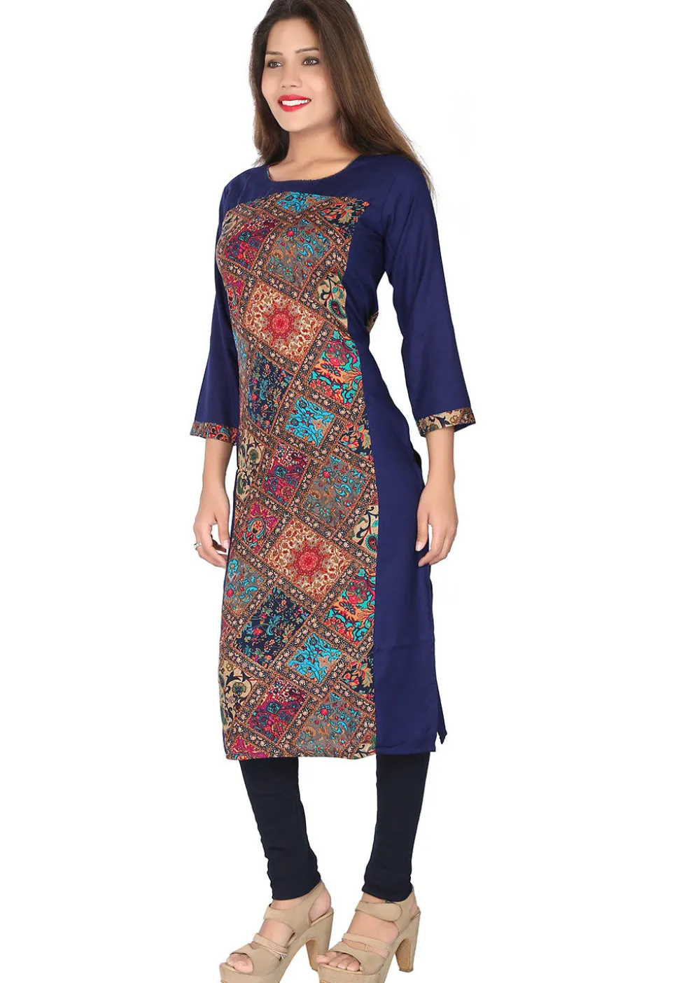 Digital Printed Rayon Straight Kurta in Blue and Multicolor