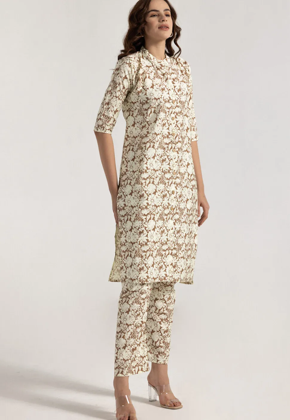 Digital Printed Rayon Straight Kurta Set in Brown