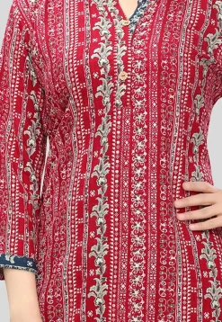 Digital Printed Rayon Straight Kurti in Red