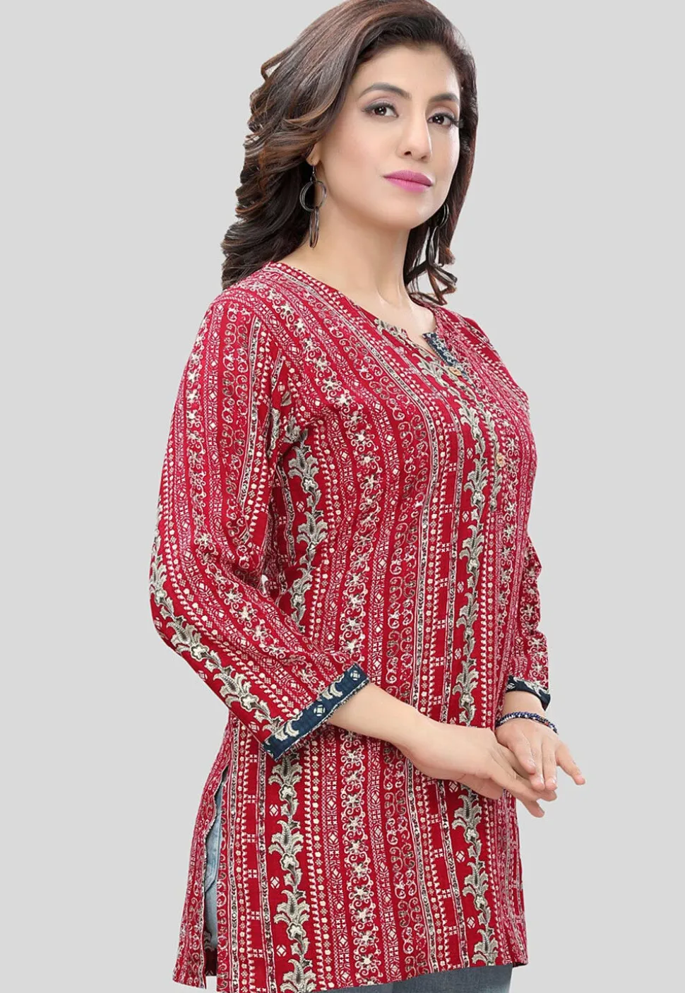 Digital Printed Rayon Straight Kurti in Red
