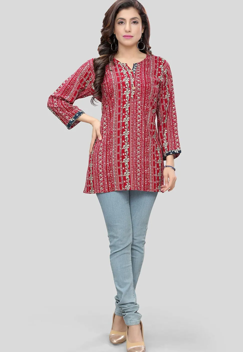 Digital Printed Rayon Straight Kurti in Red