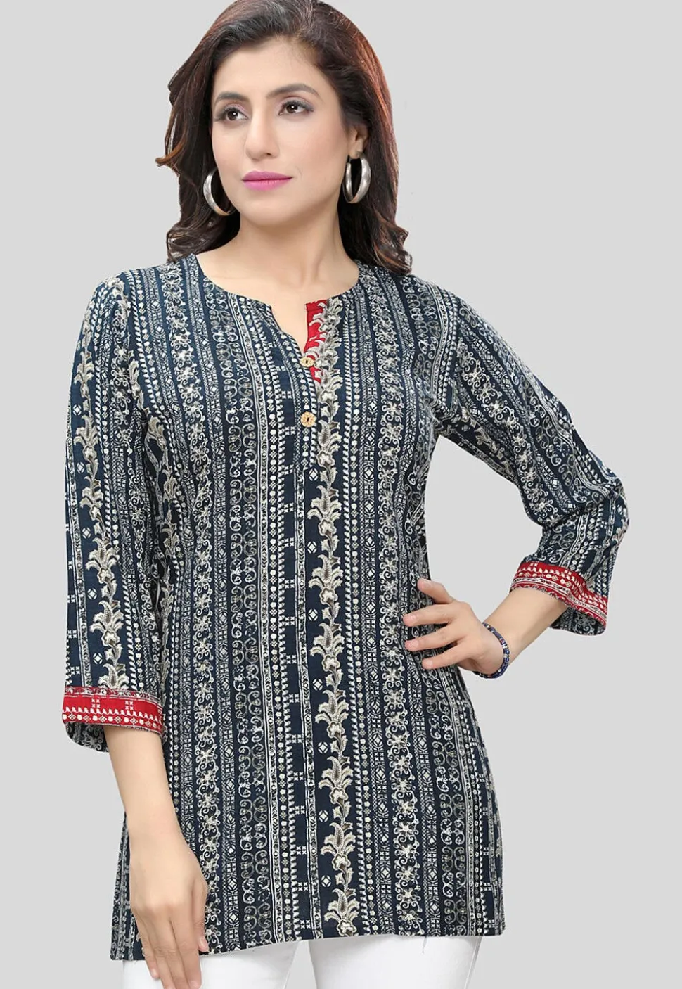 Digital Printed Rayon Straight Kurti in Navy Blue