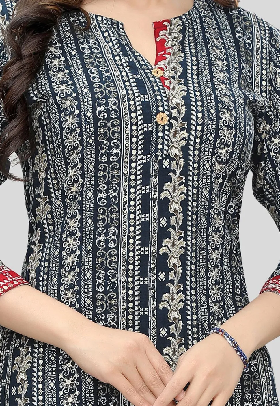 Digital Printed Rayon Straight Kurti in Navy Blue