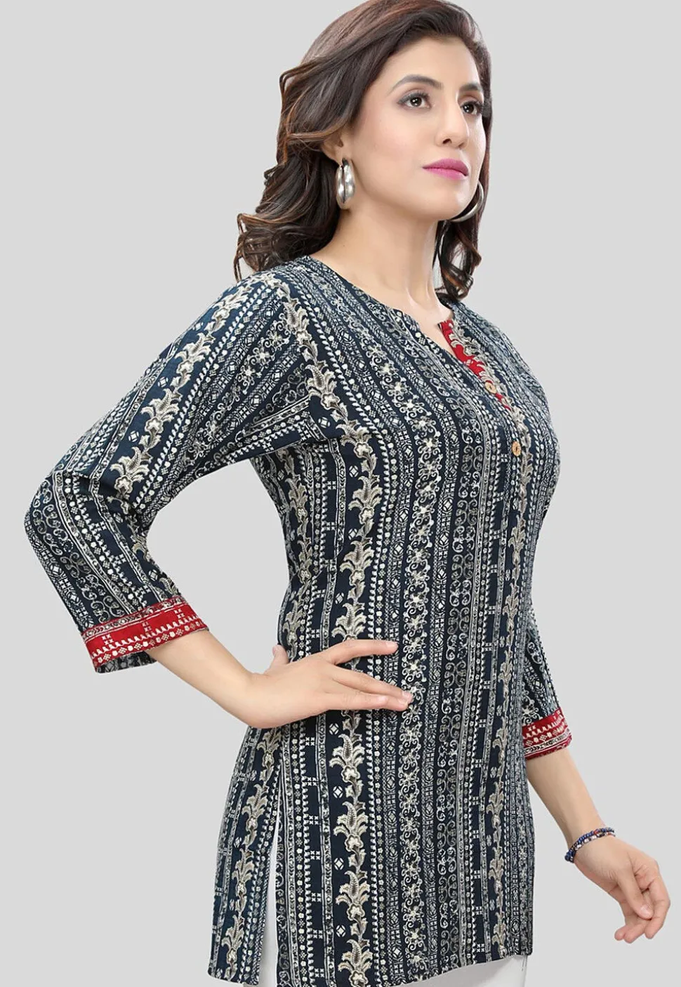 Digital Printed Rayon Straight Kurti in Navy Blue