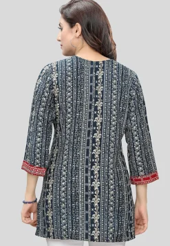 Digital Printed Rayon Straight Kurti in Navy Blue