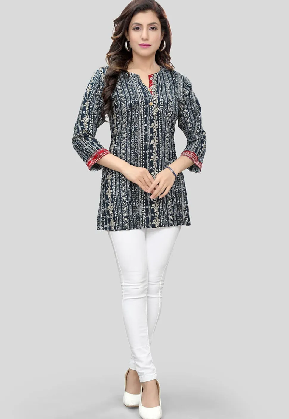 Digital Printed Rayon Straight Kurti in Navy Blue
