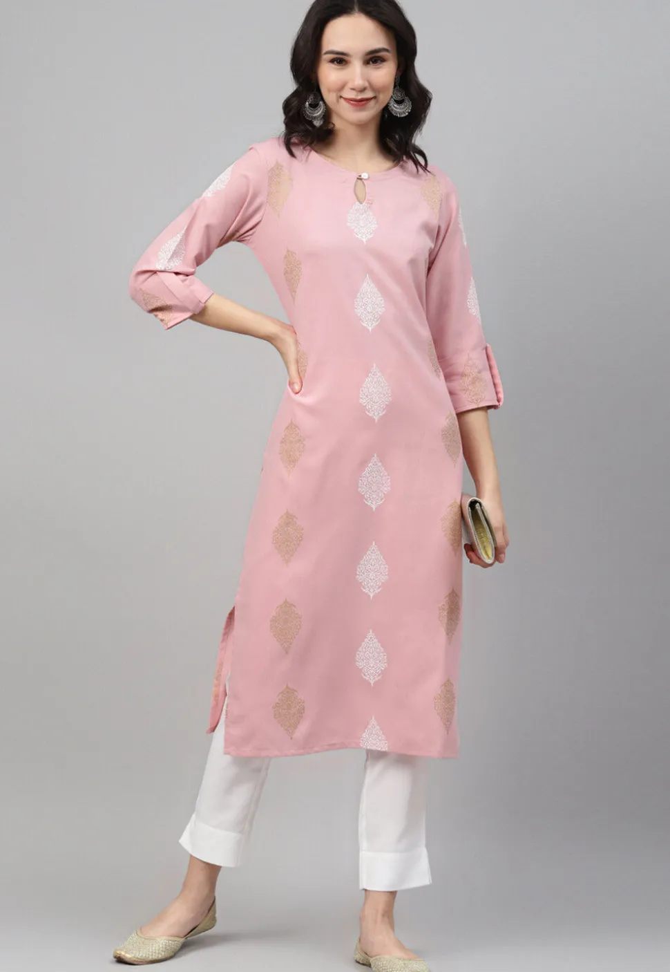 Digital Printed Rayon Straight Kurta in Pink