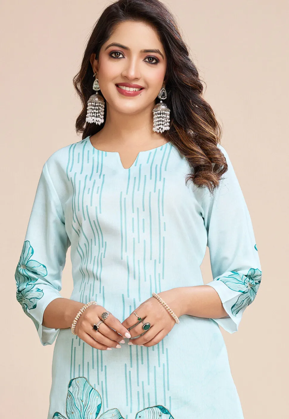 Digital Printed Rayon Straight Kurta Set in Sky Blue