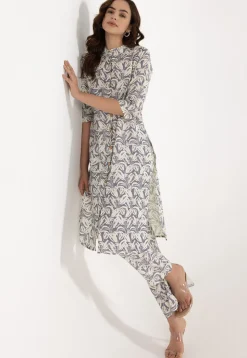 Digital Printed Rayon Straight Kurta Set in Grey