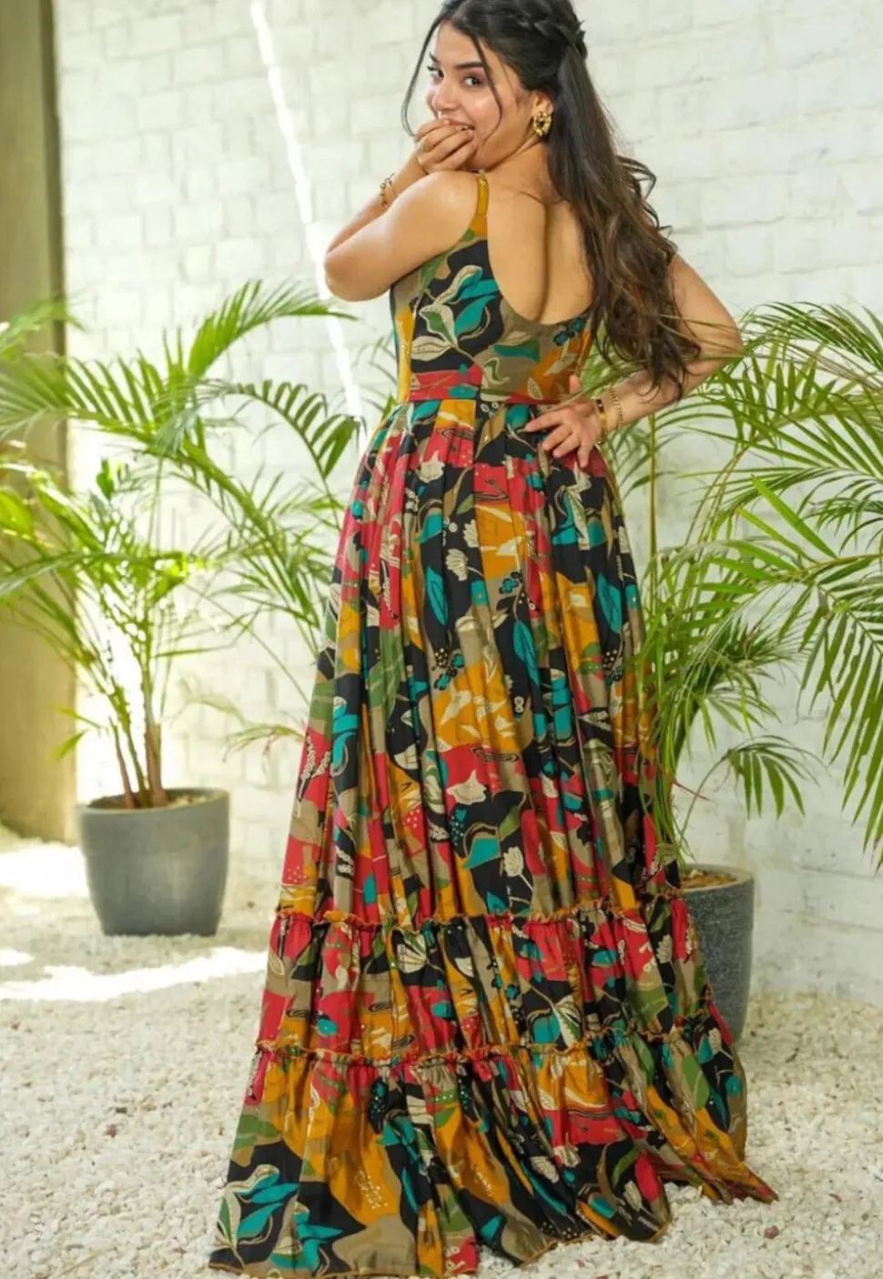 Digital Printed Rayon Tiered Gown in Multicolor