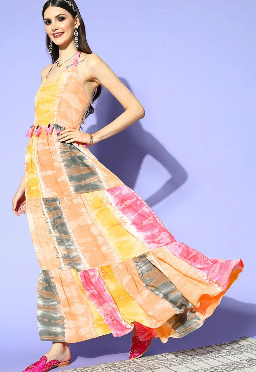 Digital Printed Rayon Tiered Dress in Multicolor