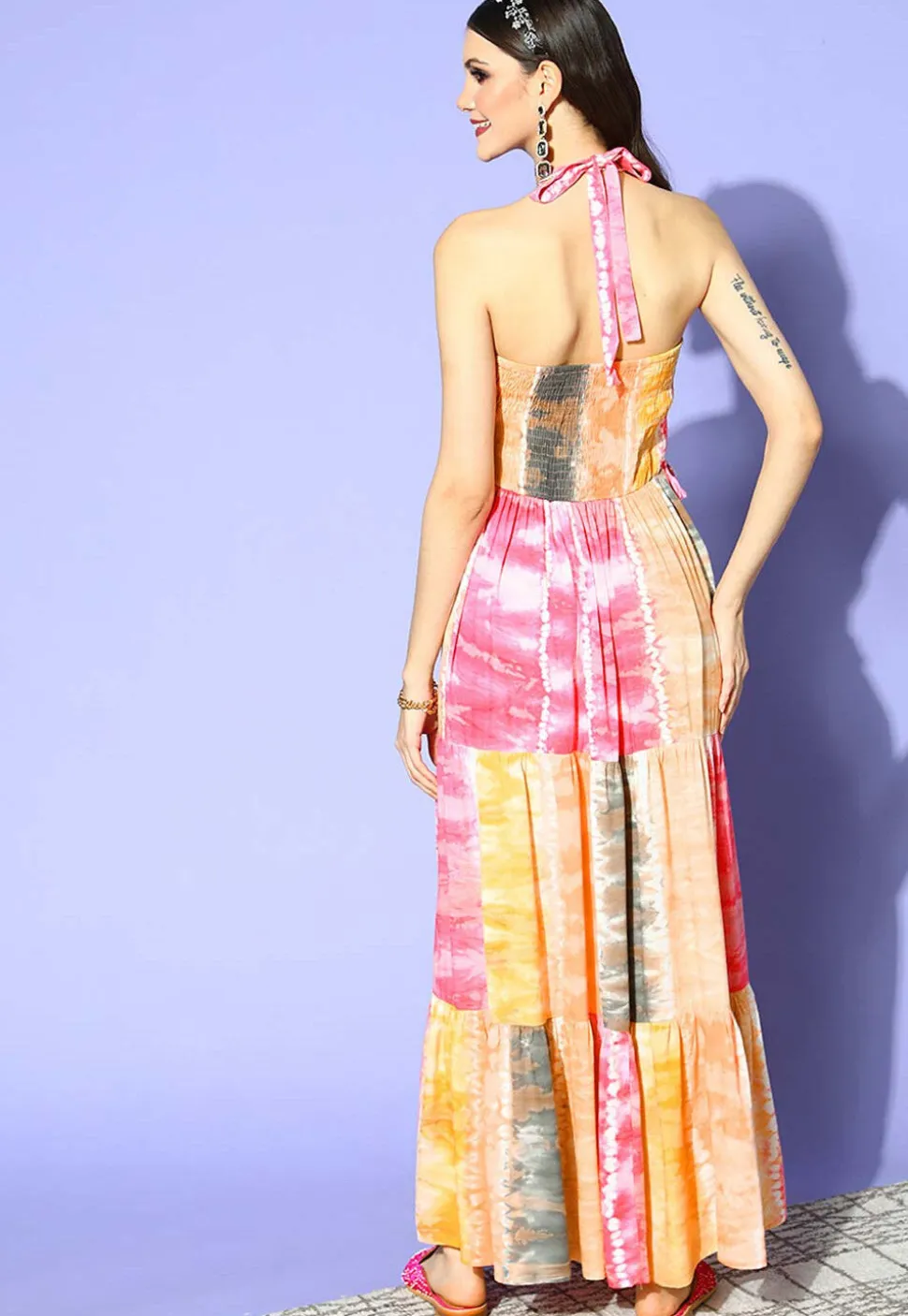 Digital Printed Rayon Tiered Dress in Multicolor