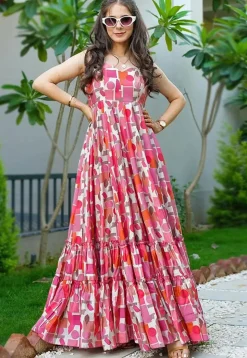 Digital Printed Rayon Tiered Gown in Pink