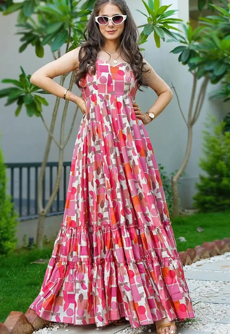 Digital Printed Rayon Tiered Gown in Pink