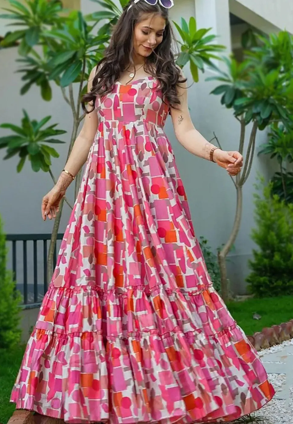 Digital Printed Rayon Tiered Gown in Pink