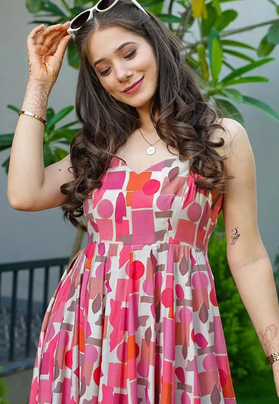Digital Printed Rayon Tiered Gown in Pink