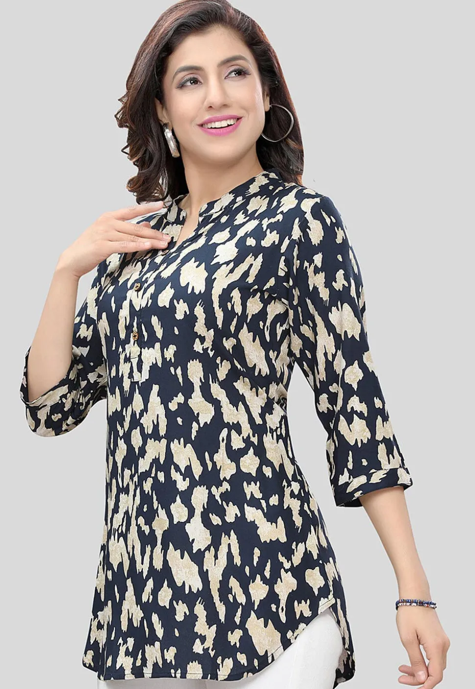 Digital Printed Rayon Tunic in Navy Blue