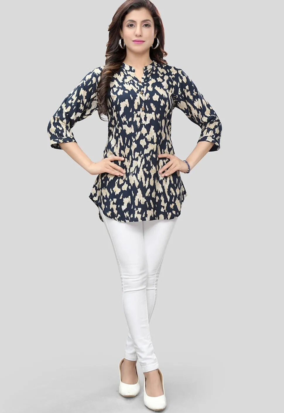 Digital Printed Rayon Tunic in Navy Blue