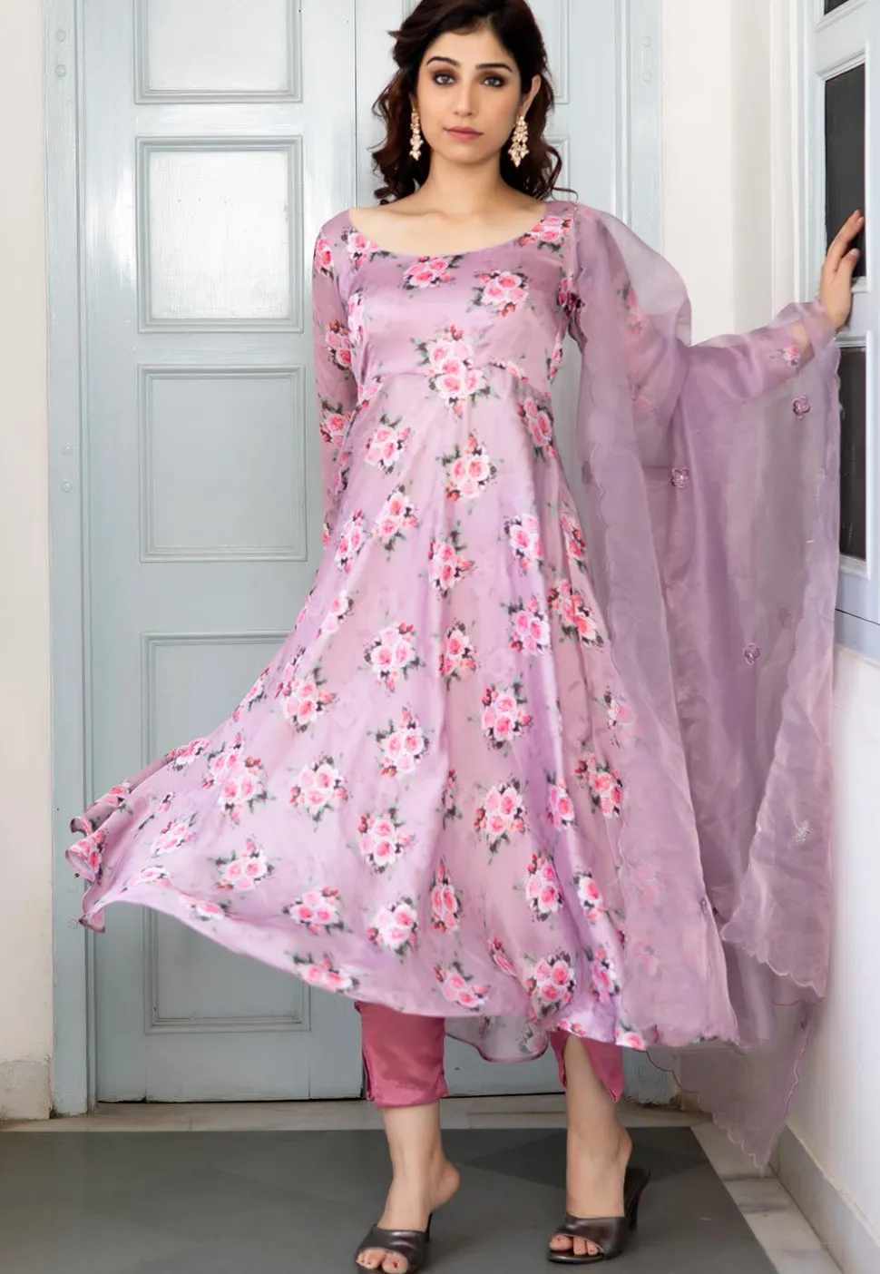 Digital Printed Satin A Line Suit in Light Purple