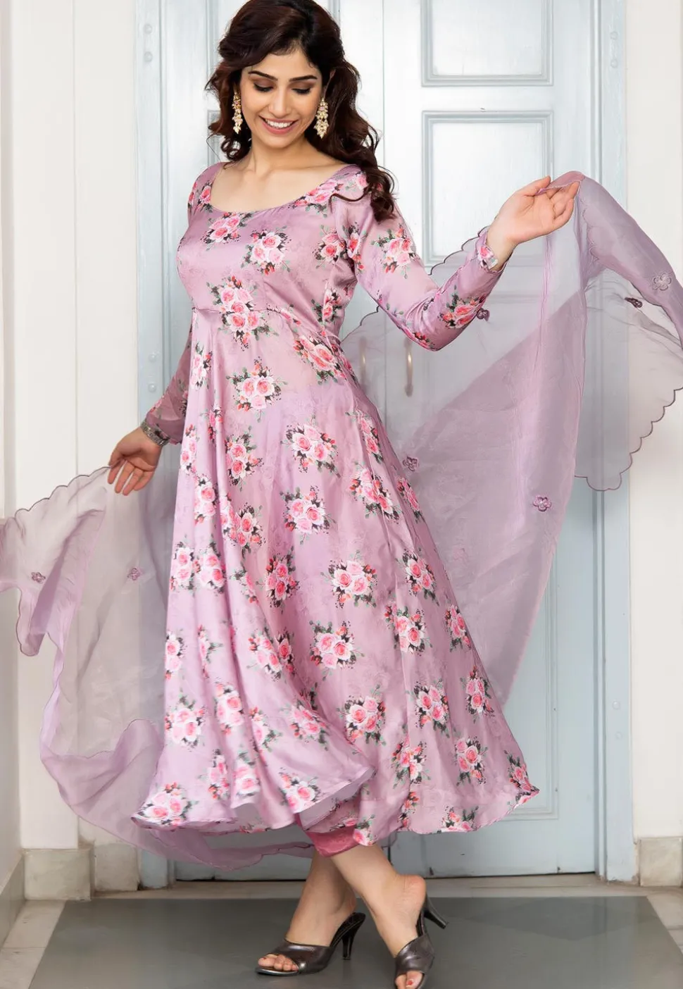 Digital Printed Satin A Line Suit in Light Purple