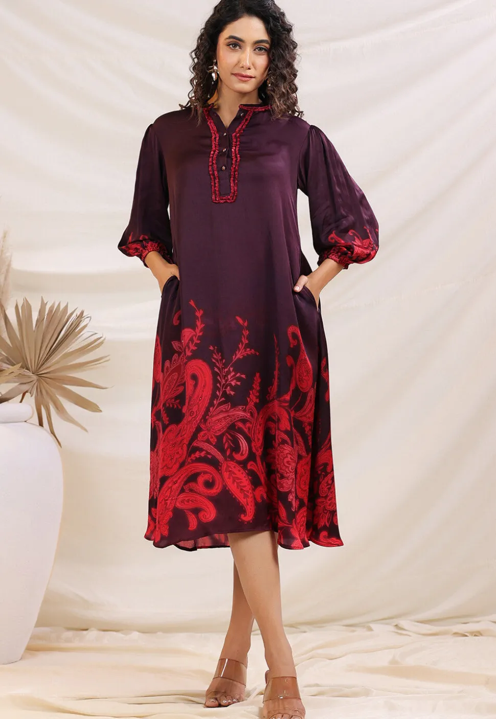 Digital Printed Satin A Line Dress in Violet