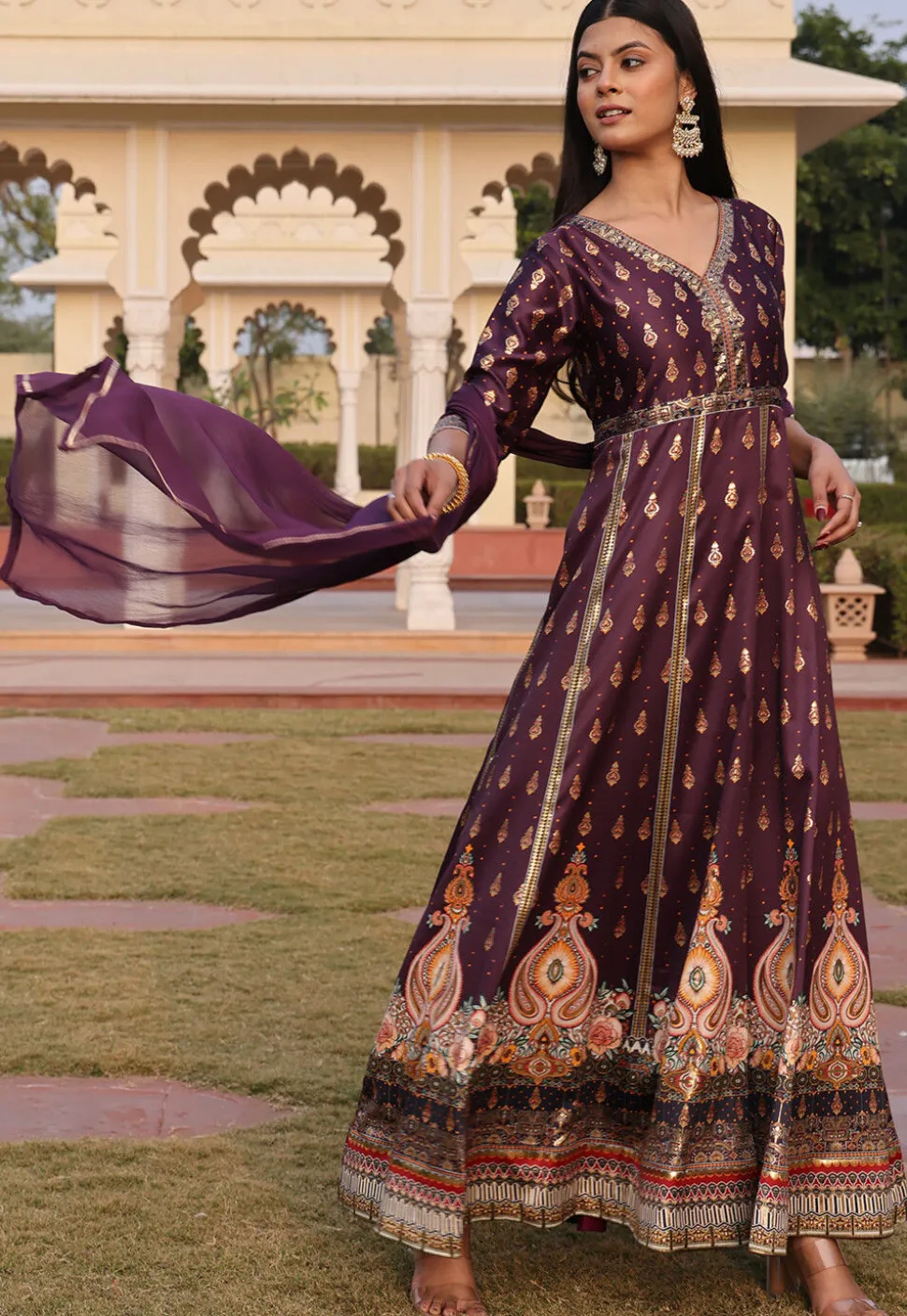 Digital Printed Satin Abaya Style Suit in Purple