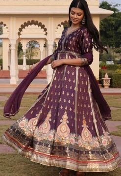 Digital Printed Satin Abaya Style Suit in Purple
