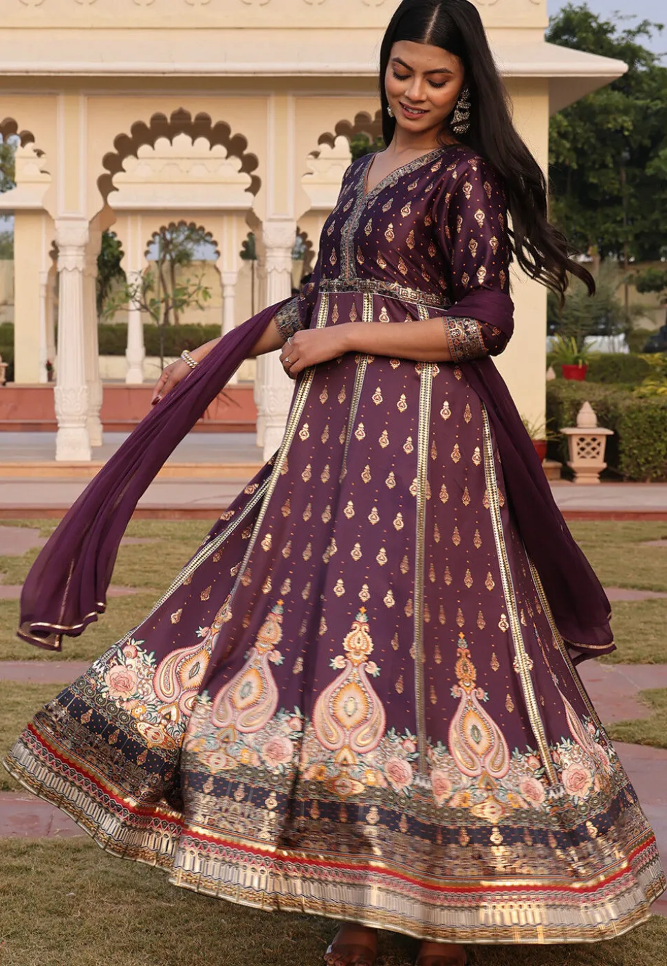 Digital Printed Satin Abaya Style Suit in Purple