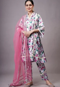 Digital Printed Satin Aline Suit in Multicolor