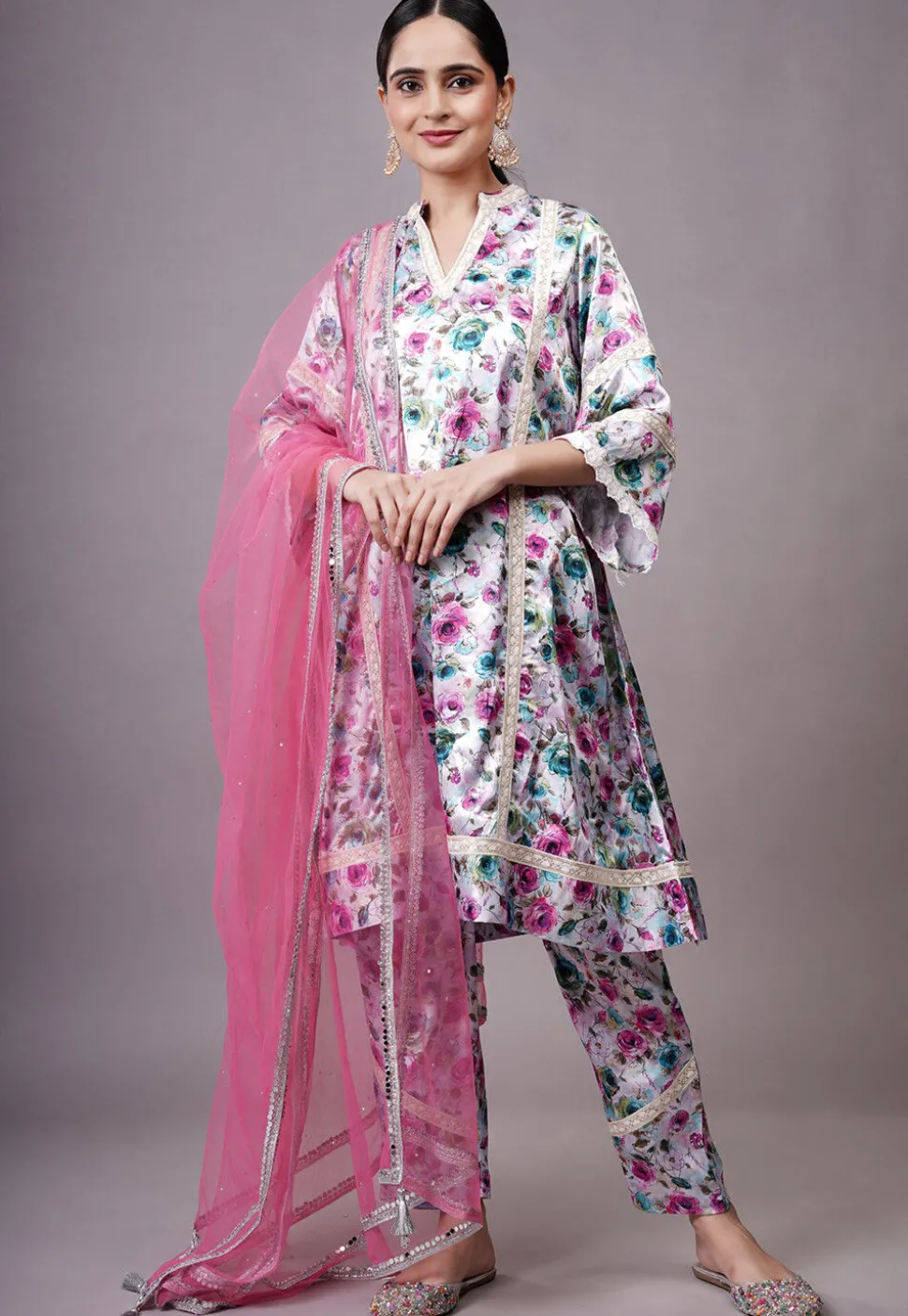 Digital Printed Satin Aline Suit in Multicolor