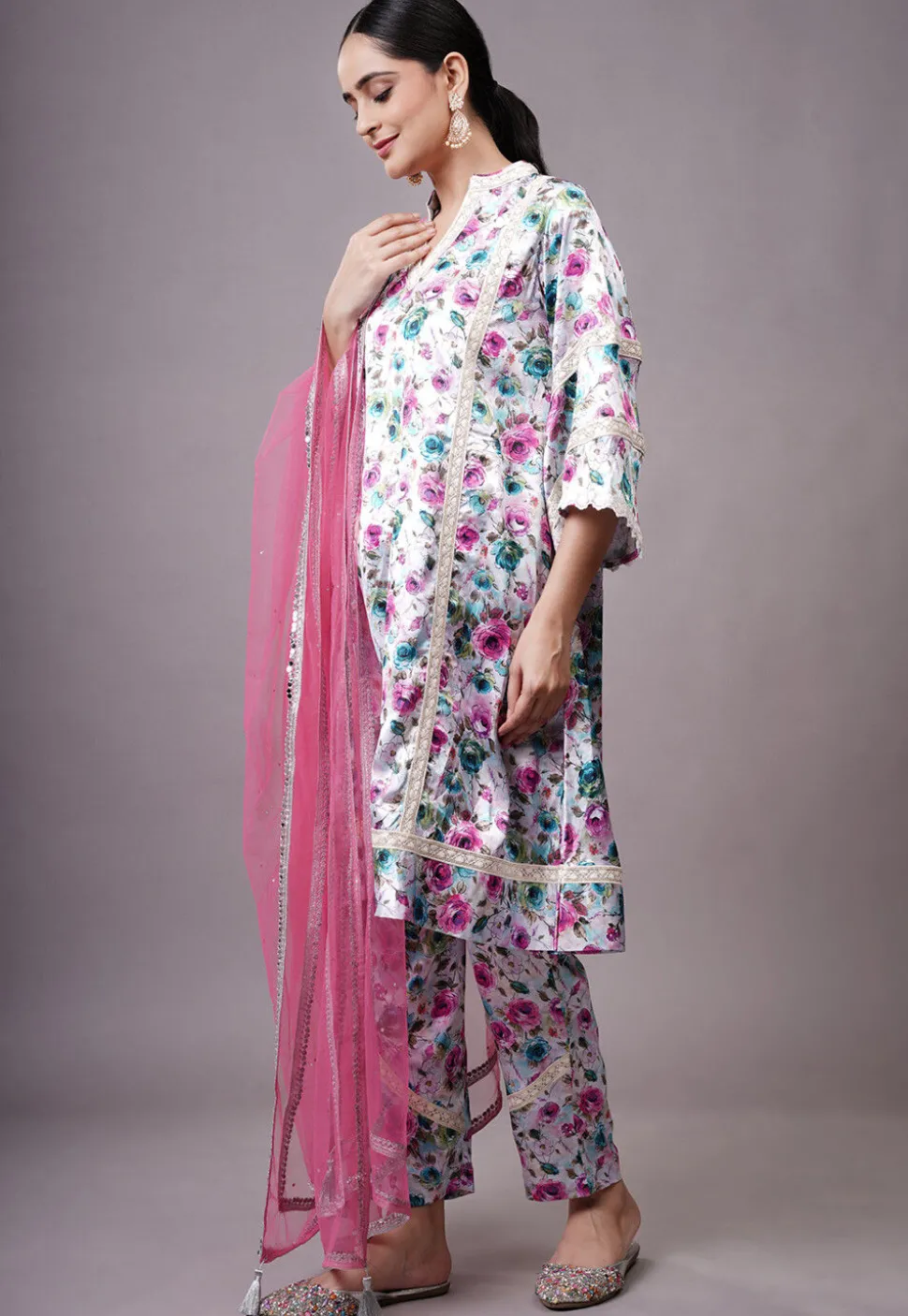 Digital Printed Satin Aline Suit in Multicolor