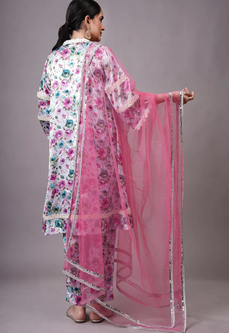 Digital Printed Satin Aline Suit in Multicolor