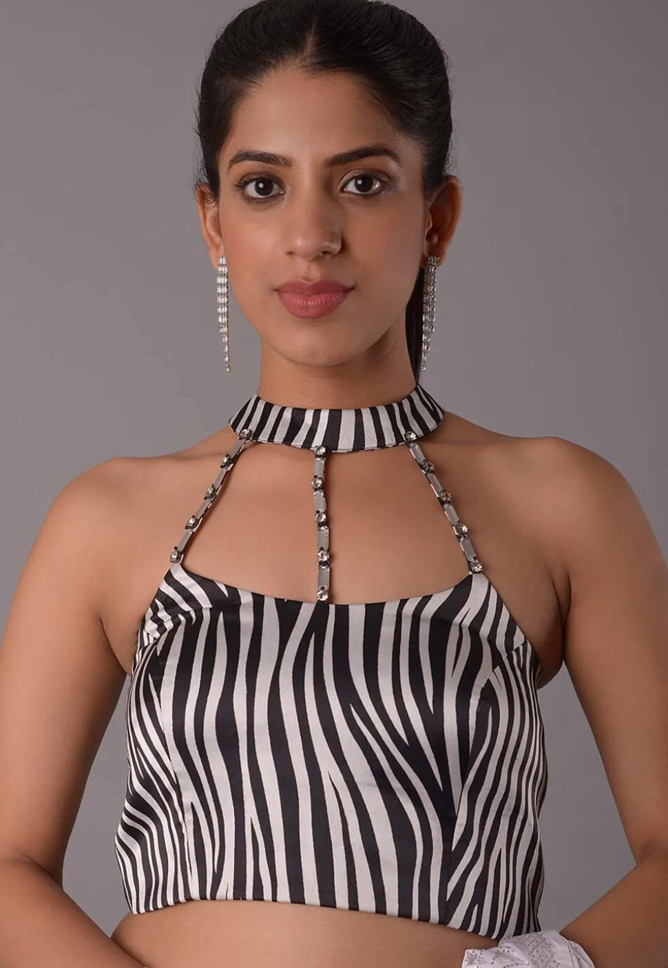 Digital Printed Satin Blouse in Black and Off White
