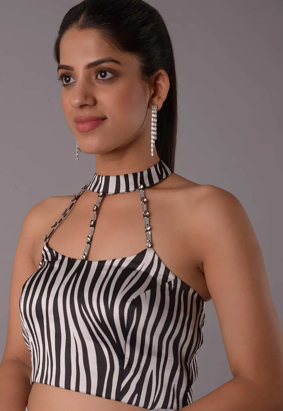 Digital Printed Satin Blouse in Black and Off White