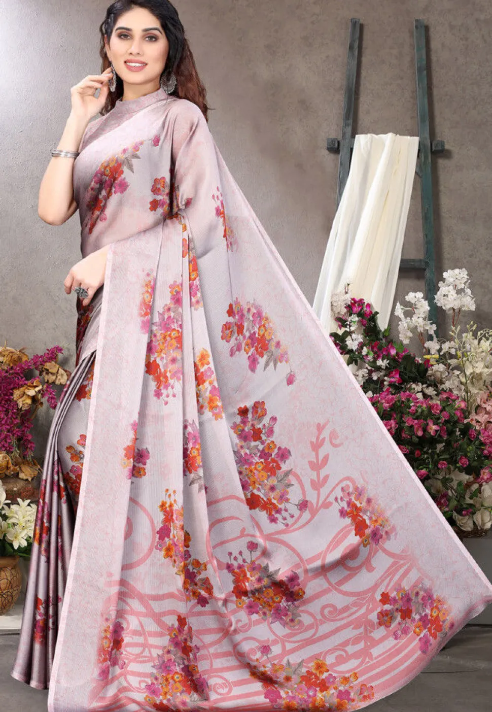 Digital Printed Satin Chiffon Saree in Light Purple