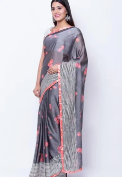 Digital Printed Satin Chiffon Saree in Grey