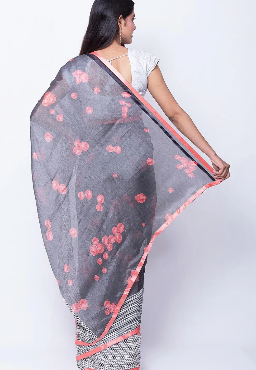 Digital Printed Satin Chiffon Saree in Grey