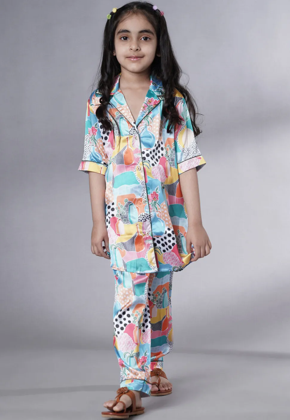 Digital Printed Satin Co Ord Set in Multicolor