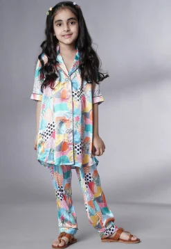 Digital Printed Satin Co Ord Set in Multicolor