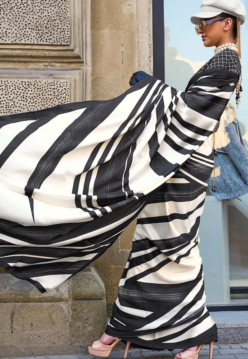 Digital Printed Satin Crepe Saree in Off White and Black